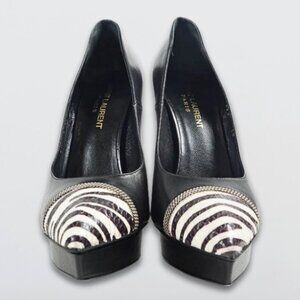YSL Janis Pumps Pointed Cap Toes Zebra Pattern Snakeskin Calf Leather Black 40